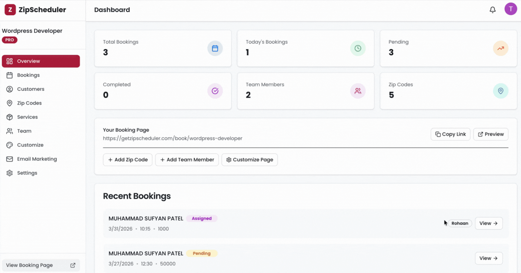 ZipScheduler Dashboard Overview